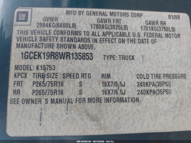 Продаж на аукціоні авто 1998 Chevrolet C/k 1500 Fleetside, vin: 1GCEK19R8WR135853, номер лоту: 45356195