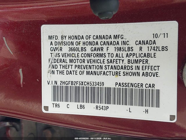 45356200 :رقم المزاد ، 2HGFB2F5XCH533459 vin ، 2012 Honda Civic Lx مزاد بيع