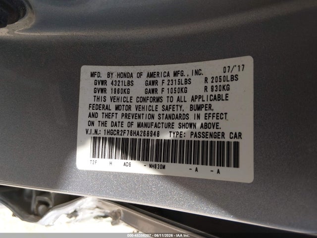 Honda ACCORD EX 2017 1HGCR2F76HA268948 Image 9