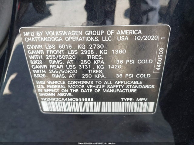1V2HR2CA4MC544688 Volkswagen Atlas 3.6l V6 Se W/technology