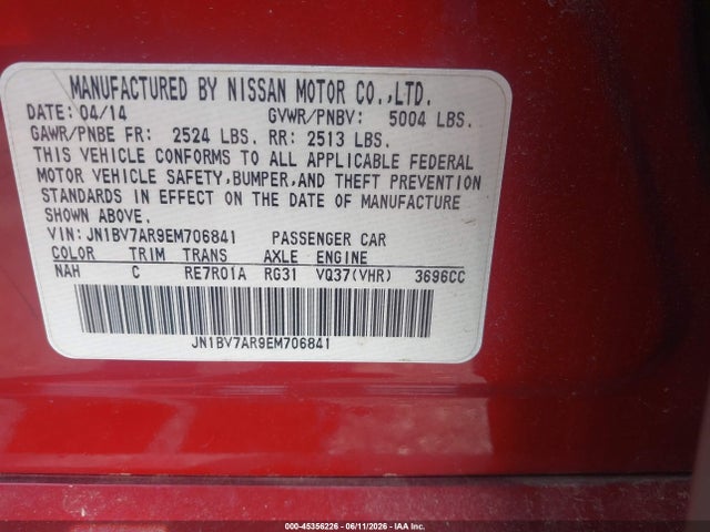 Aukcja sprzedaży 2014 Infiniti Q50 Premium, vin: JN1BV7AR9EM706841, numer aukcji: 45356226