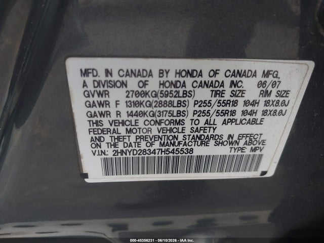45356231 :رقم المزاد ، 2HNYD28347H545538 vin ، 2007 Acura Mdx Technology Package مزاد بيع