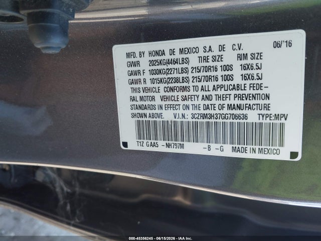 45356245 :رقم المزاد ، 3CZRM3H37GG706636 vin ، 2016 Honda Cr-v Lx مزاد بيع