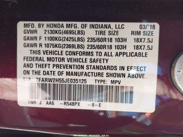 45356247 :رقم المزاد ، 7FARW2H55JE035125 vin ، 2018 Honda Cr-v Ex مزاد بيع