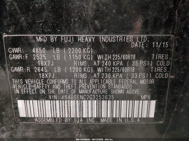 4S4BSENC2G3253635 Subaru Outback 3.6r Limited