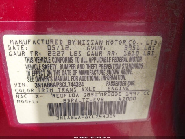 Продажа на аукционе авто 2012 Nissan Sentra 2.0 S, vin: 3N1AB6AP8CL744324, номер лота: 45356270