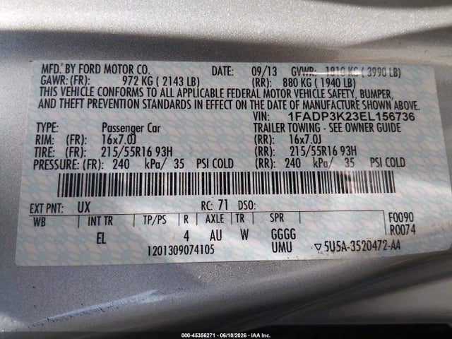 Ford FOCUS SE 2014 1FADP3K23EL156736 Image 9