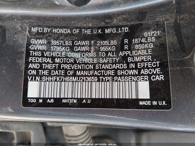 Honda CIVIC EX 2021 SHHFK7H68MU213659 Image 9