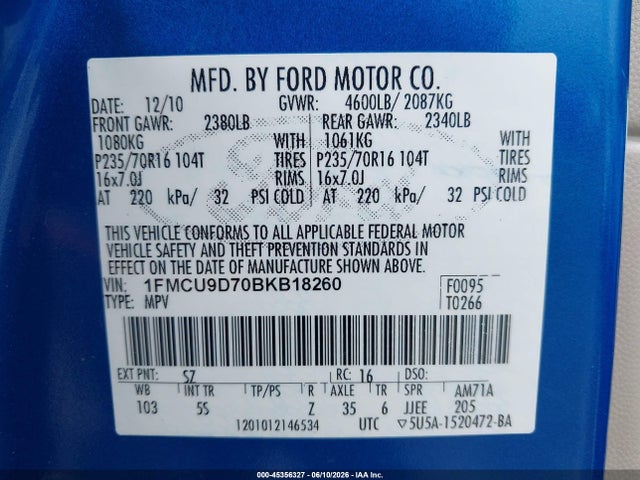 Aukcja sprzedaży 2011 Ford Escape Xlt, vin: 1FMCU9D70BKB18260, numer aukcji: 45356327