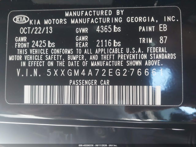 KIA Optima Lx 2014 5XXGM4A72EG276661 Image 9