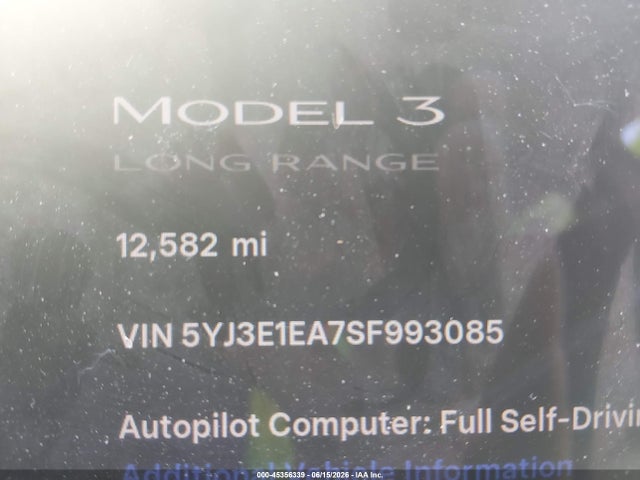 2025 Tesla Model 3 Long Range Rear-wheel Drive/standard Rear-wheel Drive მანქანა იყიდება აუქციონზე, vin: 5YJ3E1EA7SF993085, აუქციონის ნომერი: 45356339