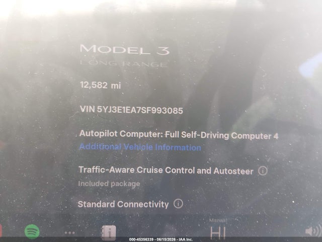2025 Tesla Model 3 Long Range Rear-wheel Drive/standard Rear-wheel Drive მანქანა იყიდება აუქციონზე, vin: 5YJ3E1EA7SF993085, აუქციონის ნომერი: 45356339