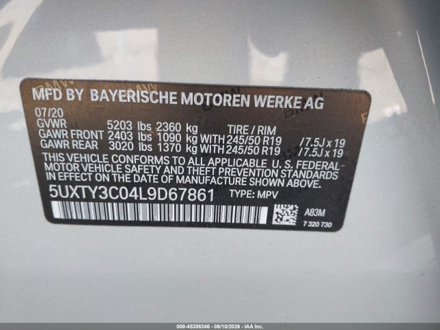 Продажа на аукционе авто 2020 Bmw X3 Sdrive30i, vin: 5UXTY3C04L9D67861, номер лота: 45356346