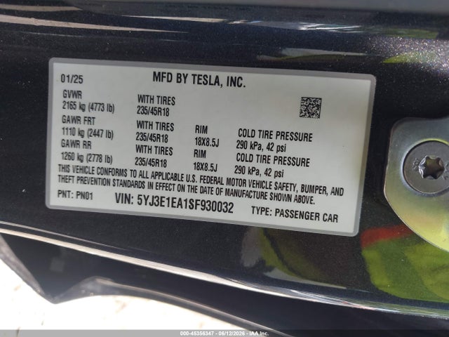 2025 Tesla Model 3 Long Range Rear-wheel Drive/standard Rear-wheel Drive მანქანა იყიდება აუქციონზე, vin: 5YJ3E1EA1SF930032, აუქციონის ნომერი: 45356347