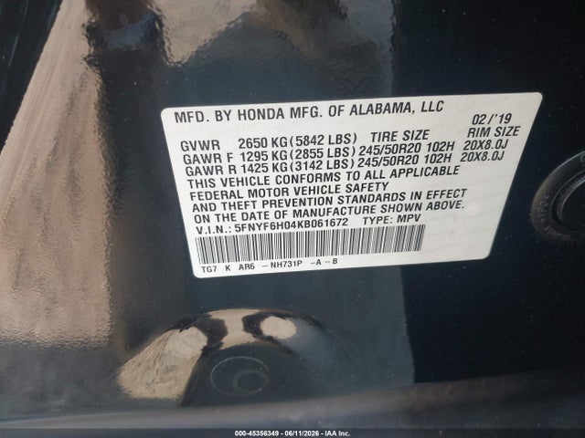 Продажа на аукционе авто 2019 Honda Pilot Elite, vin: 5FNYF6H04KB061672, номер лота: 45356349