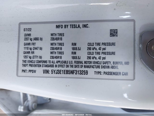 Aukcja sprzedaży 2022 Tesla Model 3 Long Range Dual Motor All-wheel Drive, vin: 5YJ3E1EB5NF313259, numer aukcji: 45356362