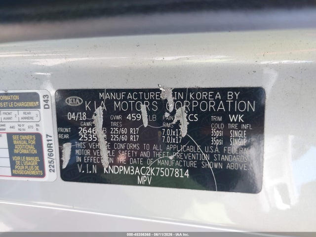 Продажа на аукционе авто 2019 Kia Sportage Lx, vin: KNDPM3AC2K7507814, номер лота: 45356368