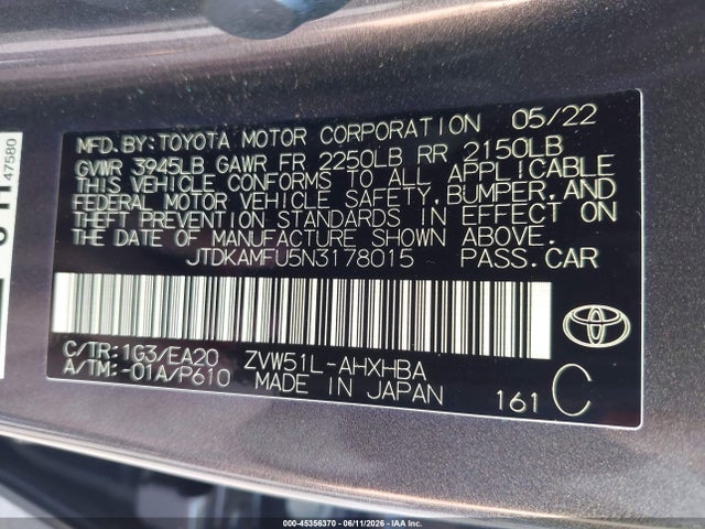 Продаж на аукціоні авто 2022 Toyota Prius Xle, vin: JTDKAMFU5N3178015, номер лоту: 45356370