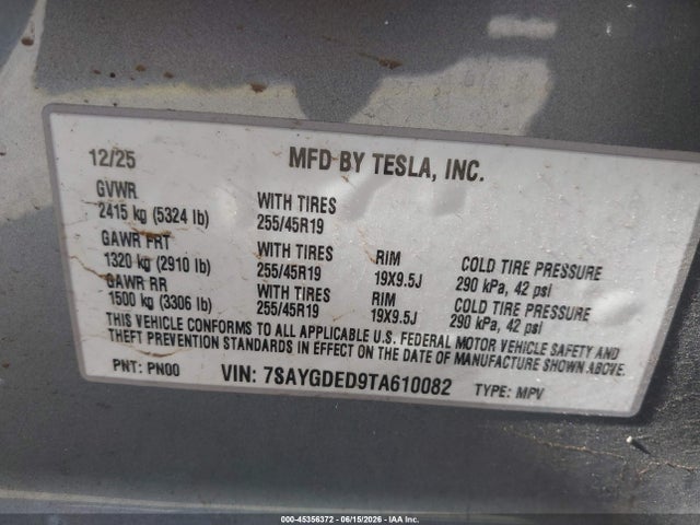 Продажа на аукционе авто 2026 Tesla Model Y Premium Rear-wheel Drive/rear-wheel Drive, vin: 7SAYGDED9TA610082, номер лота: 45356372