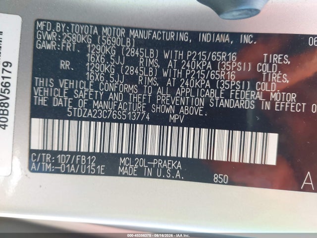 Продажа на аукционе авто 2006 Toyota Sienna Ce, vin: 5TDZA23C76S513774, номер лота: 45356375