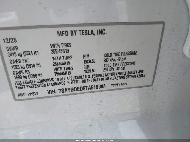 Aukcja sprzedaży 2026 Tesla Model Y Premium Rear-wheel Drive/rear-wheel Drive, vin: 7SAYGDED9TA618988, numer aukcji: 45356376