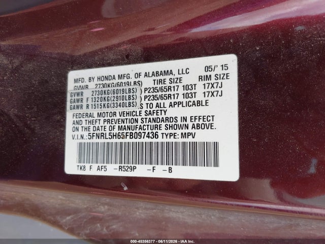 Продажа на аукционе авто 2015 Honda Odyssey Ex-l, vin: 5FNRL5H65FB097436, номер лота: 45356377