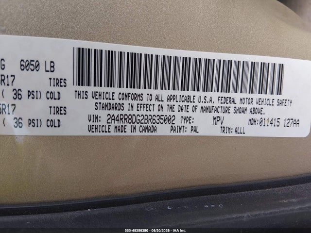 Продаж на аукціоні авто 2011 Chrysler Town & Country Touring-l, vin: 2A4RR8DG2BR635002, номер лоту: 45356380