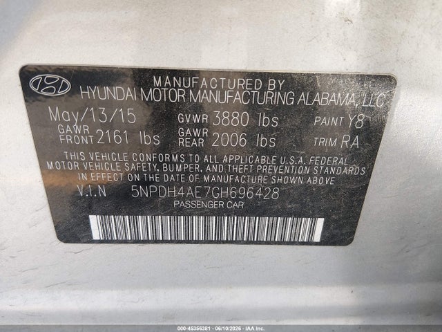 2016 Hyundai Elantra Se მანქანა იყიდება აუქციონზე, vin: 5NPDH4AE7GH696428, აუქციონის ნომერი: 45356381