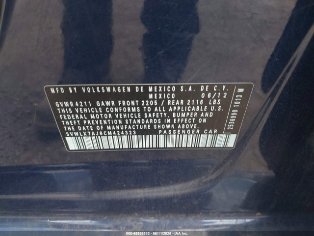 2012 Volkswagen Jetta 2.5l Sel მანქანა იყიდება აუქციონზე, vin: 3VWLX7AJ6CM424323, აუქციონის ნომერი: 45356382