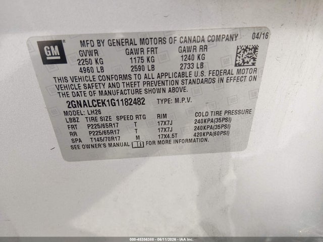 Chevrolet EQUINOX LT 2016 2GNALCEK1G1182482 Image 9