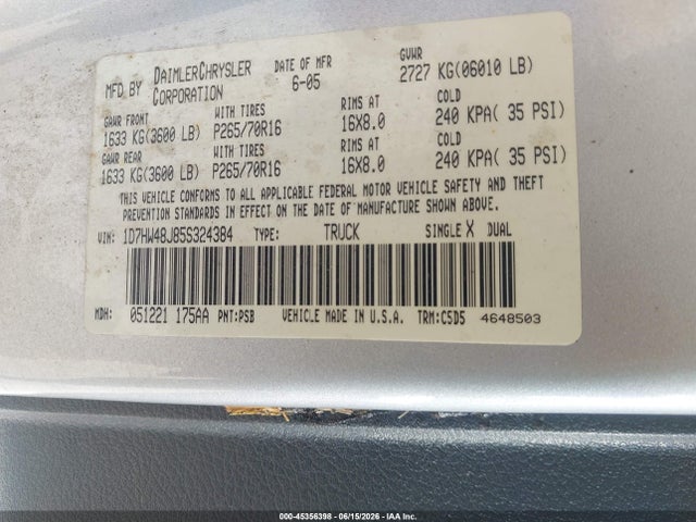 Продаж на аукціоні авто 2005 Dodge Dakota Slt, vin: 1D7HW48J85S324384, номер лоту: 45356398