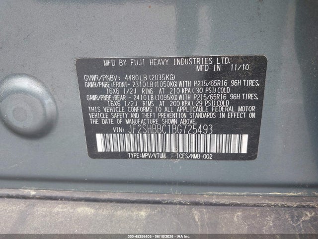 Aukcja sprzedaży 2011 Subaru Forester 2.5x, vin: JF2SHBBC1BG725493, numer aukcji: 45356405