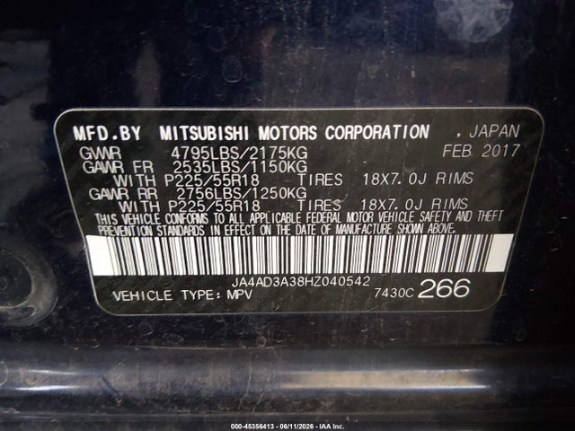 JA4AD3A38HZ040542 Mitsubishi Outlander Se/sel