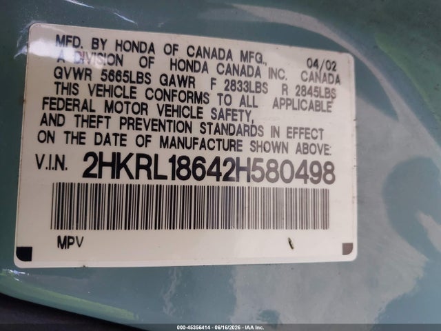 Продажа на аукционе авто 2002 Honda Odyssey Ex, vin: 2HKRL18642H580498, номер лота: 45356414