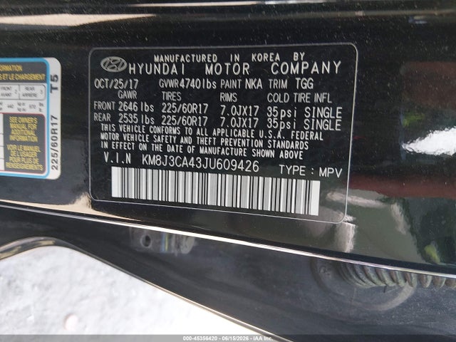Aukcja sprzedaży 2018 Hyundai Tucson Sel, vin: KM8J3CA43JU609426, numer aukcji: 45356420