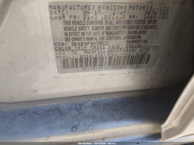 2019 Nissan Sentra Sv მანქანა იყიდება აუქციონზე, vin: 3N1AB7AP1KY338523, აუქციონის ნომერი: 45356421