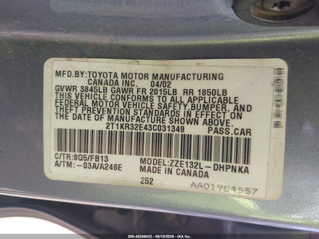Aukcja sprzedaży 2003 Toyota Matrix Xr, vin: 2T1KR32E43C031349, numer aukcji: 45356432