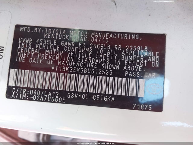 Aukcja sprzedaży 2011 Toyota Camry Xle V6, vin: 4T1BK3EK3BU612523, numer aukcji: 45356437