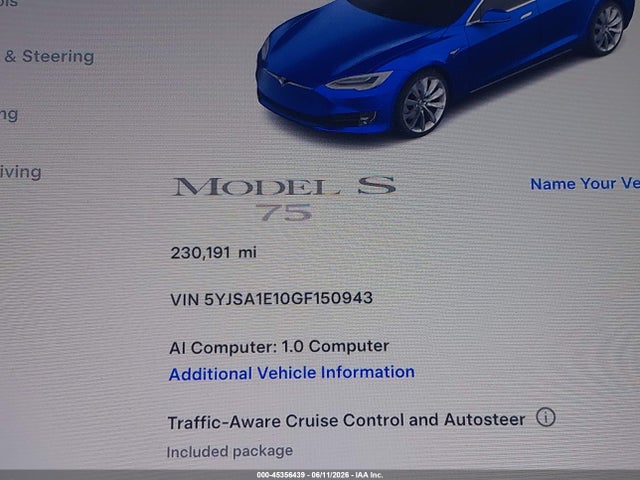 Aukcja sprzedaży 2016 Tesla Model S 60/70/75/85, vin: 5YJSA1E10GF150943, numer aukcji: 45356439