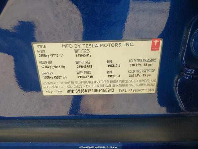 Aukcja sprzedaży 2016 Tesla Model S 60/70/75/85, vin: 5YJSA1E10GF150943, numer aukcji: 45356439
