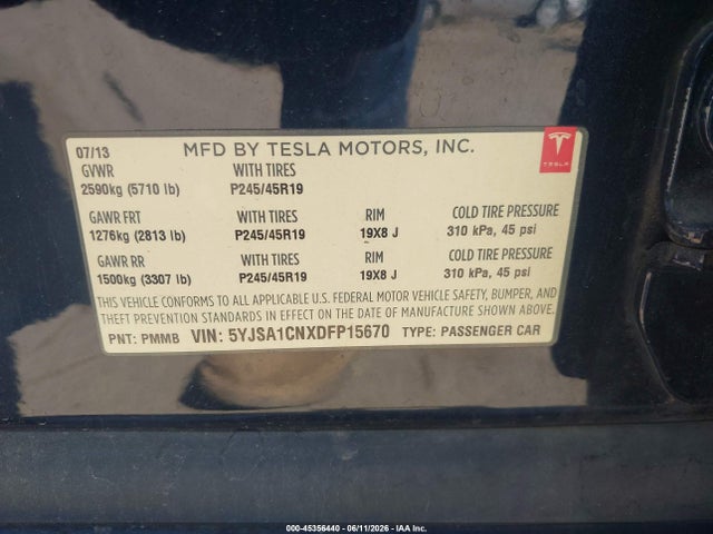 Продажа на аукционе авто 2013 Tesla Model S, vin: 5YJSA1CNXDFP15670, номер лота: 45356440