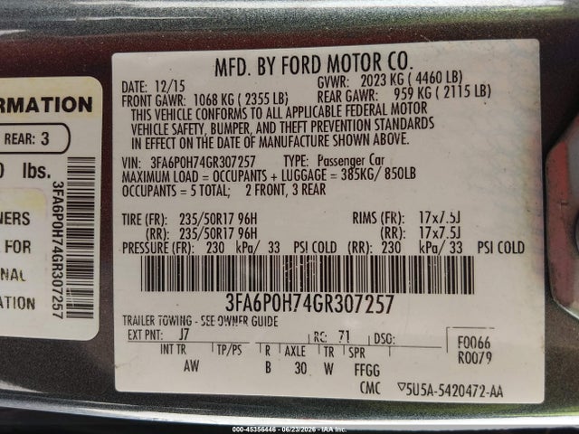 Aukcja sprzedaży 2016 Ford Fusion Se, vin: 3FA6P0H74GR307257, numer aukcji: 45356446