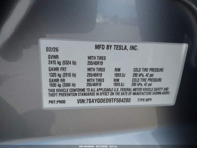 2026 Tesla Model Y Premium Rear-wheel Drive/rear-wheel Drive მანქანა იყიდება აუქციონზე, vin: 7SAYGDED9TF584280, აუქციონის ნომერი: 45356448