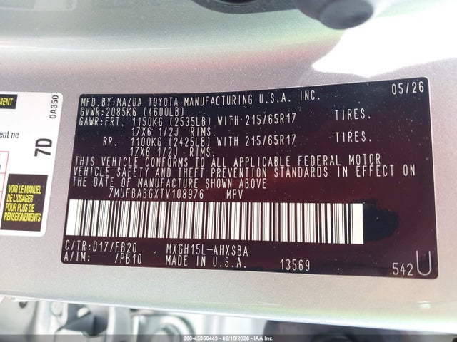 45356449 :رقم المزاد ، 7MUFBABGXTV108976 vin ، 2026 Toyota Corolla Cross Hybrid Se مزاد بيع