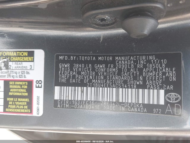 Продаж на аукціоні авто 2010 Toyota Corolla Le, vin: 2T1BU4EE5AC514118, номер лоту: 45356450