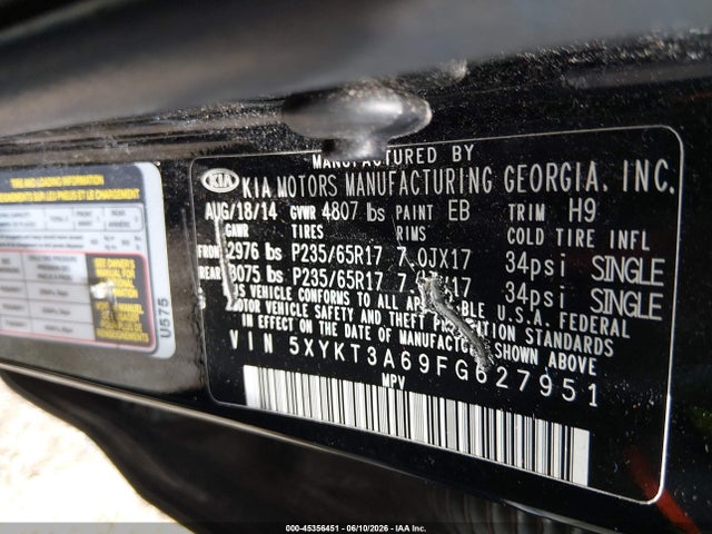 45356451 :رقم المزاد ، 5XYKT3A69FG627951 vin ، 2015 Kia Sorento Lx مزاد بيع