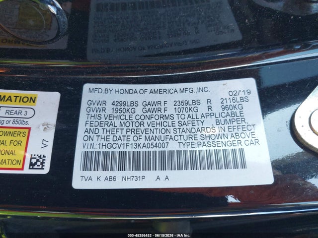Honda ACCORD LX 2019 1HGCV1F13KA054007 Image 9