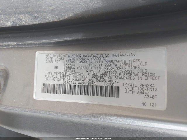 Aukcja sprzedaży 2004 Toyota Tundra Sr5 V8, vin: 5TBDT44144S440883, numer aukcji: 45356455
