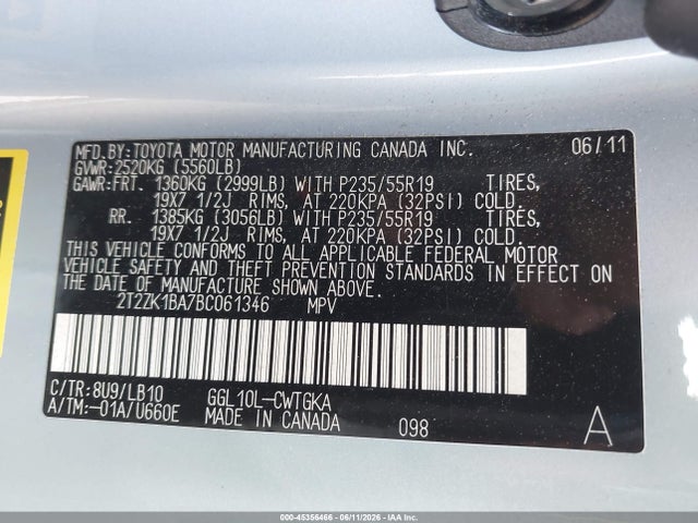 45356466 :رقم المزاد ، 2T2ZK1BA7BC061346 vin ، 2011 Lexus Rx 350 مزاد بيع