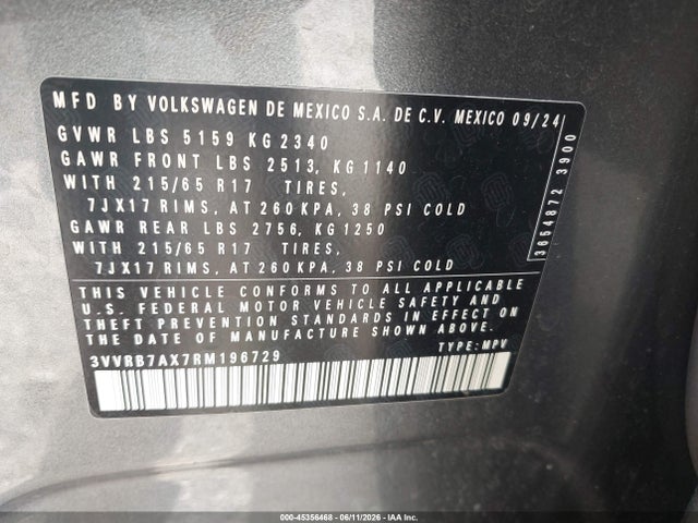 Aukcja sprzedaży 2024 Volkswagen Tiguan 2.0t S, vin: 3VVRB7AX7RM196729, numer aukcji: 45356468